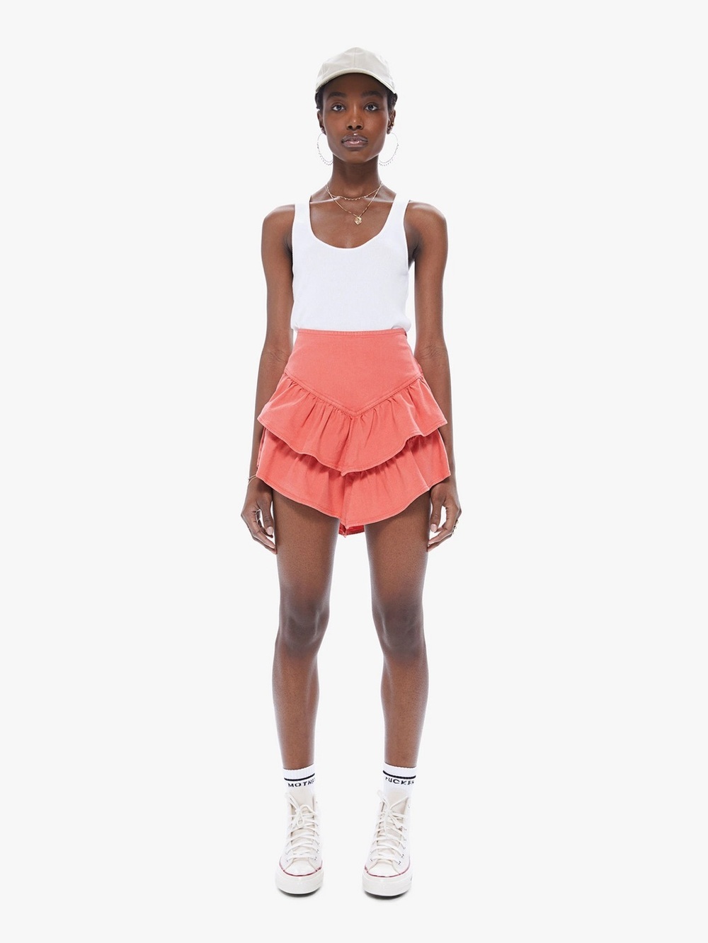 Mother The Ruffle Mini Skirt Hot Coral Tiered Ruffle High Rise Denim - Size 27